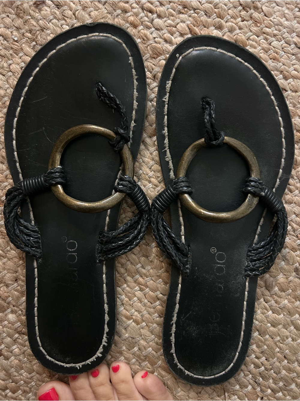 Bandolino Black Braided Ring Toe Sandals with Antique Gold Accent